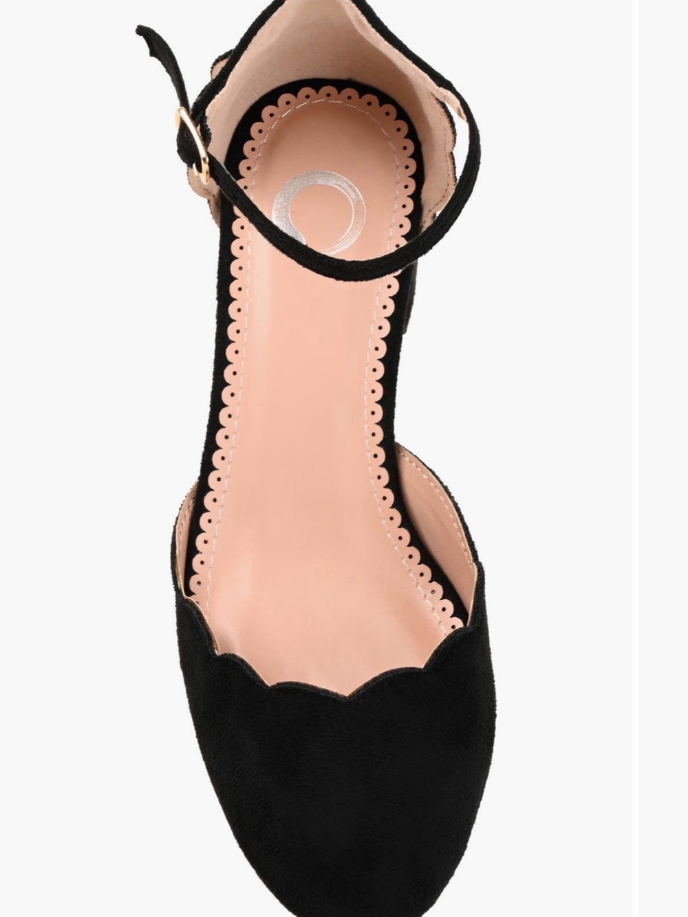 Journee Collection Black Scalloped Ankle-Strap Flat with Blush Insole